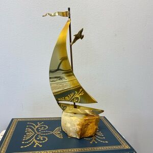 SIGNED DEMOTT NAUTICAL SAILING BOAT SCULPTURE ONYX and BRASS